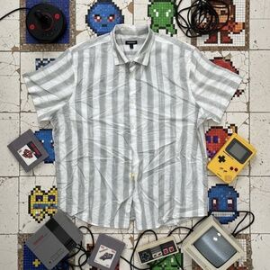 Express Linen-Blend Stripe Button-Down Shirt XL Gray/White